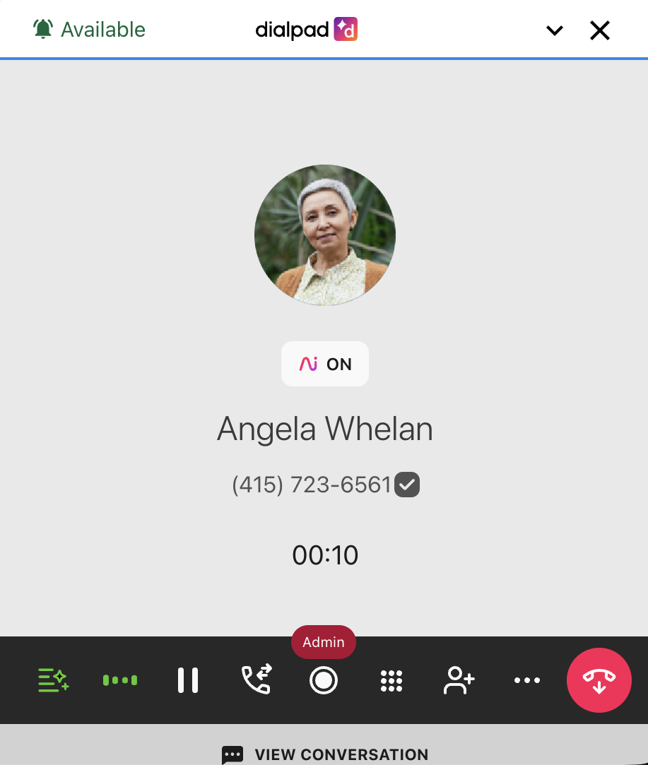 Ongoing call, displaying contact details and call duration.